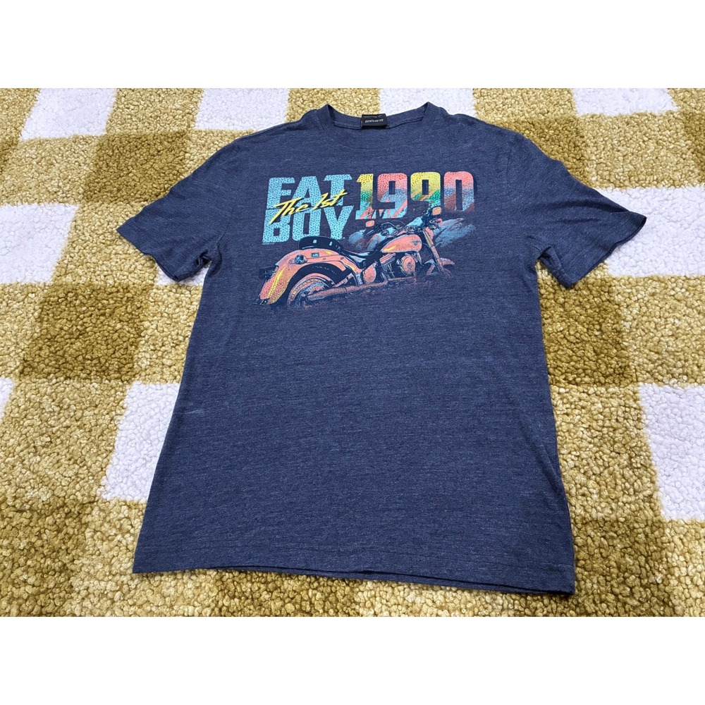Harley-Davidson Fat Boy 1990 Graphic T-Shirt Dallas Texas Blue Heather‎ Small
